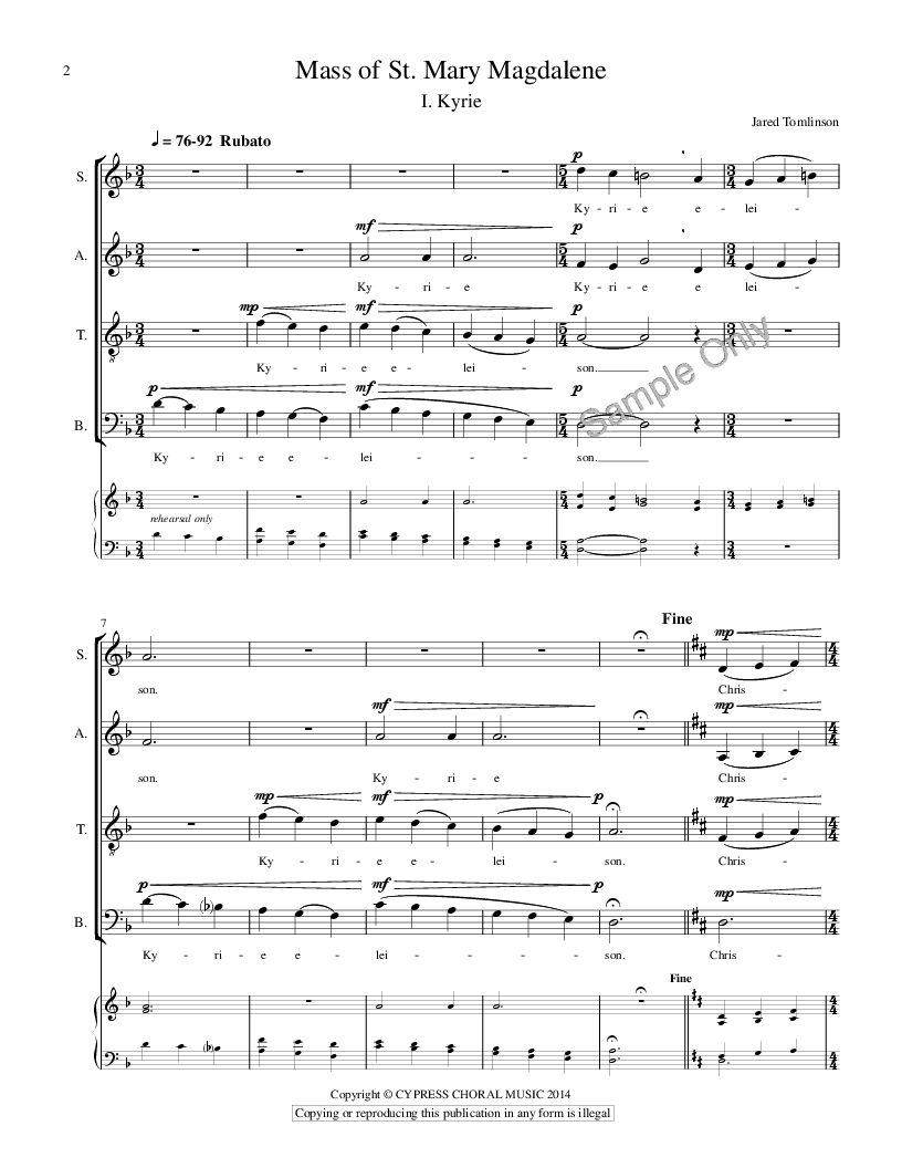 Mass of St. Mary Magdalene (Agnus Dei) SATB Jared Tomlinson
