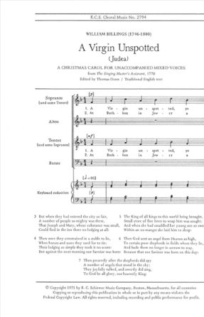 A Virgin Unspotted SATB - William Billings