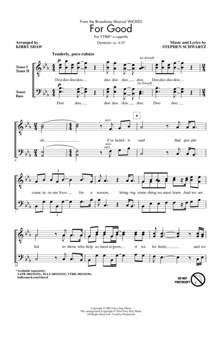 For Good TTBB - Arr. Kirby Shaw