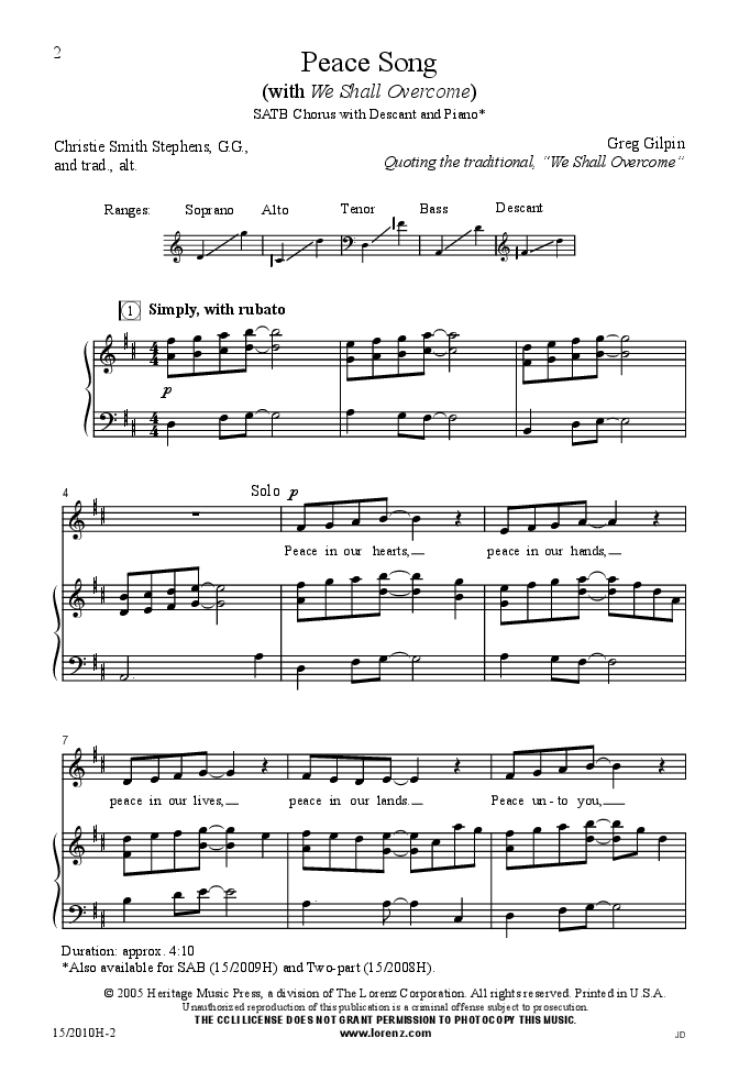 Peace Song (With We Shall Overcome) SATB - Greg Gilpin