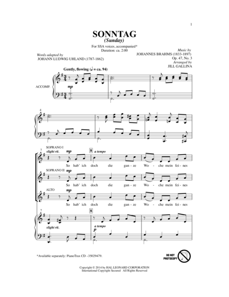 Sonntag SSA - Brahms, Arr. Jill Gallina