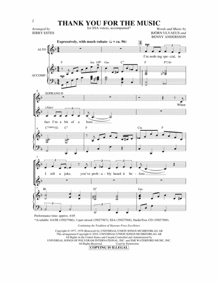 Thank You For the Music SSA - Arr. Jerry Estes