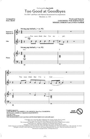 Too Good At Goodbyes SSA - Arr. Mac Huff